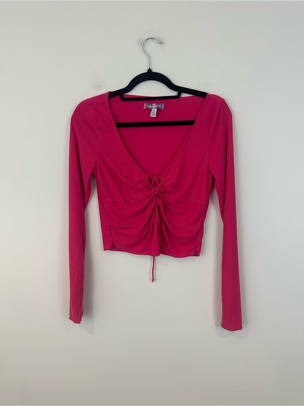 Urban Outfitters Pink Ruched Long-Sleeve Crop Top Ribbed Material Size Medium